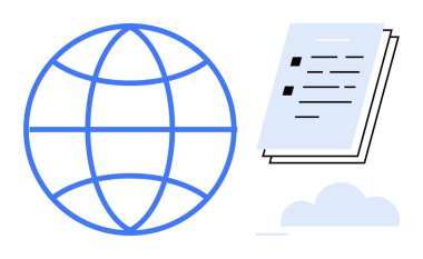 Kontrol işaretli sayfalar ve bulutun yakınındaki metinlerle birlikte küre. Teknoloji, iletişim, küreselleşme, veri paylaşımı, bulut depolama, bilgi değişimi için ideal, basit düz metafor