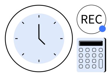 Zamanı, hesap makinesini ve özellik sembolünü gösteren saat. Üretkenlik, zaman yönetimi, organizasyon, planlama, analiz verimliliği ve iş akışı için ideal. Basit düz
