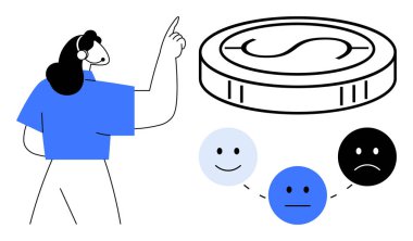 Kadın, mutlu, tarafsız ve üzgün duyguları gösteren üç yüzlü büyük bir madeni parayı işaret ediyor. Finans, karar verme, refah, duygu, psikoloji, zihniyet için idealdir.