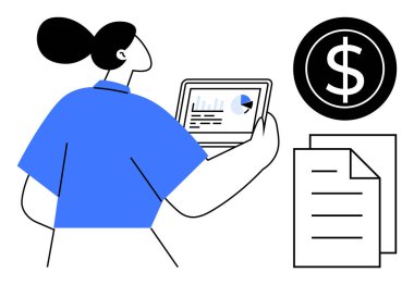 Ekonomik stratejiyi temsil eden tablet, belge ve dolar tabelaları taşıyan bir kadın. Finans, iş, teknoloji, analiz, planlama, yönetim yatırımı için ideal