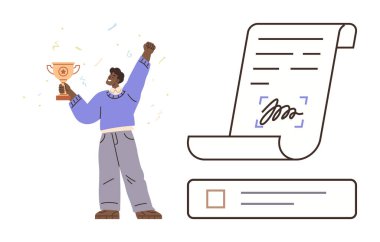 İmzalı bir belge ve işaretli bir listenin yanında kupayla tezahürat yapan şahıs. Başarı, başarı, motivasyon, sözleşme, anlaşma, kutlama hedefi tamamlama için idealdir. Basit düz metafor