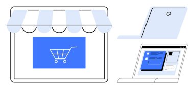 Çevrimiçi vitrinde el arabası sembolü var, dizüstü bilgisayarı açık, web sayfası açık, açılı dizüstü bilgisayar profili var. eCommerce, online alışveriş, dijital pazarlama, kullanıcı deneyimi, uzaktan çalışma, basit teknolojik çözümler için ideal