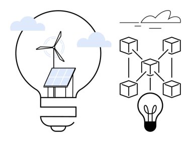 Güneş paneli ve rüzgar türbinli ampul yenilenebilir enerji çözümlerini simgeler. Blockchain ağ düğümleri teknolojik bağlantıyı temsil ediyor. Sürdürülebilirlik, yenilik ve yeşil enerji için ideal