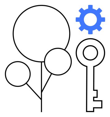 Şekil verilmiş ağaç, anahtar ve teçhizat büyümeyi, yeniliği, problem çözmeyi ve fırsatı simgeliyor. İş stratejisi, başarı, ekoloji takım çalışması sürdürülebilirlik eğitimi ve basit bir daire için ideal