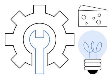 İçinde ingiliz anahtarı olan dişli, peynir bitişiğindeki mekaniği ve yaratıcılığı, fikirleri ve çözümleri temsil eden soyut bir ampulü sembolize eder. Yenilik, problem çözme ve tasarım için ideal