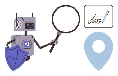 Yapay zeka etiketli robot büyüteç ve kalkan tutuyor, güvenliği ve aramayı simgeliyor. Dijital imza ve konum şifresi içerir. Teknoloji, yapay zeka, siber güvenlik ve dolandırıcılığı önlemek için ideal