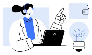 Dizüstü bilgisayarda kulaklık takan, yukarı bakan, ampul resimli ve cüzdan ikonlu bir kadın. Müşteri hizmetleri için ideal, teknik destek, finans, yenilik, takım çalışması problem çözme basit bir daire