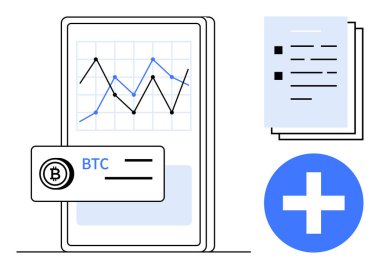 Grafik grafikli akıllı telefon ekranı, Bitcoin kartı, mavi ekleme simgesi, belge yığını. Finans, kripto para birimi, analitik, uygulama tasarım yatırımları istatistikleri ve fintech kavramları için idealdir. Basit düz