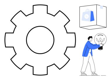 Gear çözümlerin mekaniğini temsil ediyor, alışveriş torbası e-ticaret fikri ekliyor ve elinde ampul tutan kişi de yeniliği simgeliyor. Takım çalışması, iş büyümesi, yaratıcılık ve süreç optimizasyonu için ideal