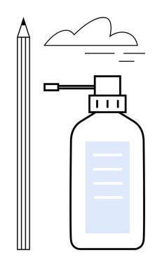 Yüzen bulutlu kalem ve etiketli dezenfektan şişesi, temizliği, yaratıcılığı, güvenliği ve verimliliği simgeliyor. Eğitim, sağlık, işyeri, hijyen tasarımı sadeliği için ideal