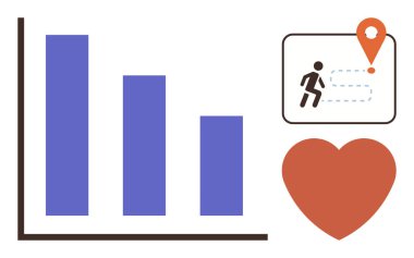 Bar çizelgesi, konum kodlu iz sürücü çizelgesi ve kalp ikonu. Sağlık takibi, fitness analizleri, ilerleme izleme, hedef belirleme, sağlık, yaşam tarzı iyileştirme için idealdir.