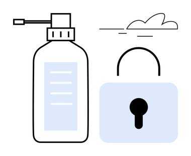 Dezenfektan şişesinde asma kilit, koruma, hijyen ve güvenlik fikirleri var. Sağlık, mahremiyet, siber güvenlik, COVID-19 önleme, sağlık bilinci, güvenlik protokolleri için ideal