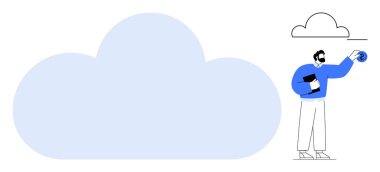 Tablet tutan adam bulut depolama ikonu ile etkileşime girer, veri yönetimi, teknoloji ve dijital ağları sembolize eder. Bulut hesaplama, bilişim hizmetleri, iş akışı, çevrimiçi yedekler ve yenilikler için ideal