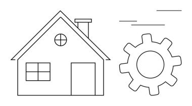 Evin ana hatları bir dişli ile eşleştirilmiş, kavramları sembolize eden teknoloji, ev yeniliği, mühendislik, gayrimenkul, süreç iyileştirme, enerji verimliliği ve takım çalışmasını destekliyor. Minimalist düz metafor