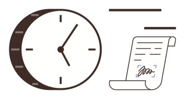 İşaretli saatli bir saat ve metin satırlı imzalı bir belge. Zaman yönetimi, teslim tarihleri, sözleşmeler, işletmeler, verimlilik, yasal meseleler ve planlama için ideal. Basit düz metafor