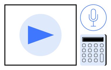 Ekran çerçevesi, mikrofon sembolü ve hesap makinesi arayüzü içinde oynat düğmesi. Medya, teknoloji, eğitim, dijital kayıt, ses tanıma, hizmet araçları ve yenilik temaları için ideal