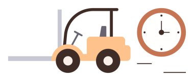 Forklift bir saatin yanında, verimliliği, zaman yönetimini, lojistiği ve verimliliği vurguluyor. İkmal zinciri, depo işlemleri, dağıtım optimizasyonu, iş planlaması için ideal