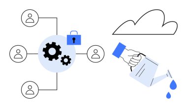 Şebeke simgeleri birbirine bağlı, güvenliği sembolize eden bir asma kilit, su damlaları ve bulut simgesi. İşbirliği, büyüme, takım çalışması, bulut hesaplama ve güvenlik stratejisi için ideal