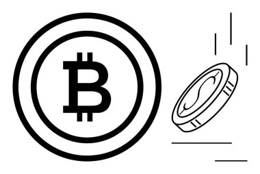 Bitcoin kripto para, finansal değişimleri, dijital para birimini, engelleme dinamiğini, fintech evrimini, parasal yeniliği, teknoloji kaymasını temsil eden geleneksel bir madeni paranın yanı sıra