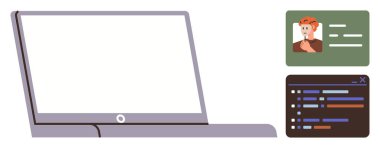 Laptop ekranı kullanıcı profili ve kodlama penceresi ile eşleştirildi, etkileşim, yazılım geliştirme ve uzak çalışma. Program, teknoloji, takım çalışması, dijital araçlar, çevrimiçi öğrenme için ideal