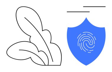 Çizilmiş yaprağın yanında parmak izi olan mavi bir kalkan. Siber güvenlik, gizlilik, sürdürülebilirlik, eko-bilinç, yeşil teknoloji, veri koruması, doğa dostu girişimler için idealdir. Basit düz