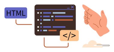 Renkli kod satırları, HTML etiketi, kodlama parantezi ve el hareketi içeren kod düzenleyicisi. Geliştirme, programlama, kodlama, işbirliği yeniliği öğrenme eğitimi için idealdir. Basit düz