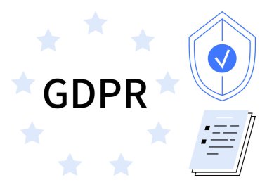AB yıldızlarıyla çevrili GDPR metni, işaretli kalkan ve belge kontrol listesi. Veri koruması, gizlilik yasası, siber güvenlik, yönetmelikler, uyum, yönetim için ideal basit düz metafor