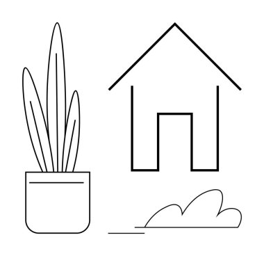 Basit bir ev sanatı, uzun saksı bitkisi ve ev, doğa ve sürdürülebilir yaşam temalarını çağrıştıran bahçe çalılığı. Eko-tasarım, mimarlık, bahçıvanlık, minimalizm, emlak iç mimarisi için ideal