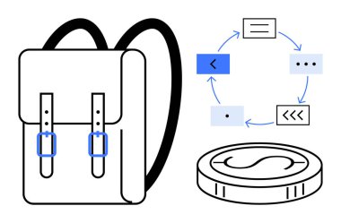 Mavi aksanlı sırt çantası, dairesel akış diyagramı ve eğitimi temsil eden bozuk para yığını, süreç planlaması, kaynak tahsisi. Öğrenim, organizasyon, hazırlık ve bütçe için ideal