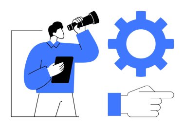 Tablet ve teleskopla keşif yapan adam, süreci ya da makineyi gösteren teçhizat, el işaretleri yön ya da odak gösteriyor. Yenilik, liderlik, strateji, keşif, rehberlik için ideal