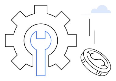 İçinde ingiliz anahtarı olan vites, yanında da bakım, onarım, verimlilik ve kazanç getiren madeni paralar. İş için ideal, mali planlama, maliyet yönetimi, yenilik, hizmet büyümesi