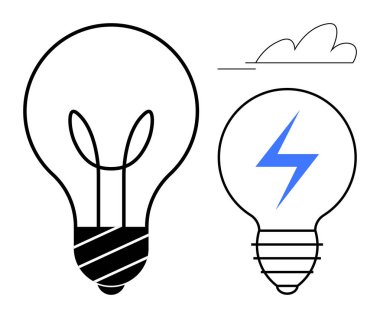 İki ampul, biri yıldırımlı, elektrik, yenilik ve sürdürülebilirliği simgeliyor. Enerji verimliliği, yaratıcılık, yeşil teknoloji, problem çözme beyin fırtınası için ideal