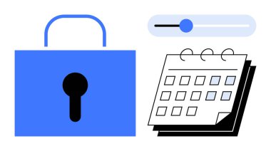 Mavi kilit, takvim ve kontrol kaydıracı gizliliği, veri korumasını ve zamanlamayı temsil eder. Çevrimiçi güvenlik, kontrol, dijital planlama, zaman yönetimi kişisel veri güvenliği erişimi için ideal