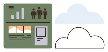 Veri gösterge paneli bulut simgelerinin yanında çizelgeler, takım ölçümleri ve arayüz elemanlarına sahiptir. Teknoloji, analitik, takım çalışması, yazılım, bulut depolama, verimlilik iş yönetimi için ideal basit