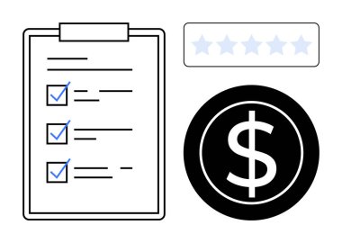 İşaretli görevleri, beş yıldızlı derecesi ve dolar sembolü olan kontrol listesi. Hedefler, performans takibi, değerlendirme, başarı ölçümü, üretkenlik, iş yönetimi için ideal basit düz metafor