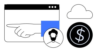 Tarayıcı penceresinin içini gösteren el işaretleri, kullanıcı avatarı, bulut ve dolar para. Kullanıcı etkileşimi, çevrimiçi hizmetler, bulut hesaplama, finans teknolojisi, e-ticaret para yönetimi için ideal daire