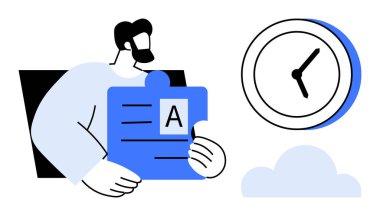 Adam bulmaca parçasını saat ve bulutun yanında tutuyor. Takım çalışması, planlama, zaman yönetimi, işbirliği, verimlilik, son tarih kavramları ve hedef belirleme için ideal. Basit düz metafor