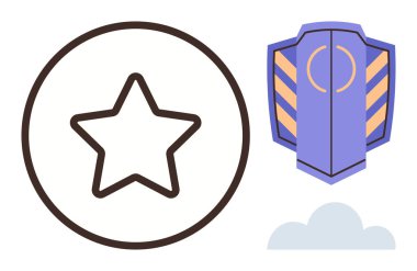 Kalın çemberli yıldız, küçük bir bulut altında güvenliği ve korumayı sembolize eden modern bir kalkanın yanında başarıyı simgeliyor. Başarı, güvenlik, başarı, koruma, tanınma, basitlik için ideal