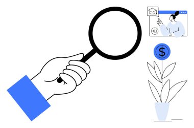 Büyüme, finans, öğrenme ve iletişim kavramlarını inceleyen el ele tutuşan büyüteç. İş, araştırma, eğitim, mali analiz, büyüme stratejisi müşteri hizmetleri için ideal