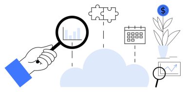 Büyüteç inceleme verileri, bulmaca, takvim, para, bitki, büyüme grafiği bağlantıları olan bulutlar. Analiz, teknoloji, finansal büyüme araştırması için ideal basit düz metafor