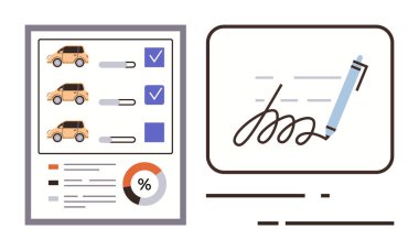 İşaretli kutuları olan arabalar, belge imzalayan bir kalem, veri için pasta çizelgesi. İş için ideal, kiralama, anlaşma, e-imza, istatistik uzak anlaşmaları. Basit düz metafor