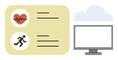 Veri kartı, bulut arayüzü ve monitörün yanında kalp atışı ve form simgeleri. Sağlık, zindelik, bulut hesaplama, teknoloji, veri yönetimi, yenilik için ideal düz metafor