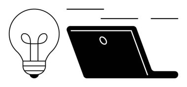Açık bir dizüstü bilgisayarın yanındaki ampul yaratıcılığı, ilerlemeyi ve teknolojiyi simgeler. Yenilik, strateji, üretkenlik, girişim, eğitim, beyin fırtınası ve dijital çözümler için idealdir. Basit düz