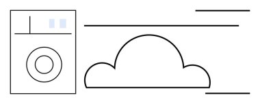 Daireleri ve çizgileri olan dikdörtgen bir cihaza bağlı bulut çizgisi veri transferini sembolize eder. Teknoloji, ağ oluşturma, çevrimiçi depolama, dosya paylaşımı, veri senkronizasyonu, yenilik, asgari biçim