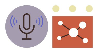 Birbirine bağlı düğümler ve noktalarla bir ağ diyagramının yanında ses dalgaları yayan bir mikrofon. İletişim, teknoloji, podcasting, veri paylaşımı, medya, ağ oluşturma ve işbirliği için ideal
