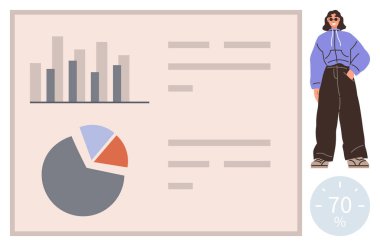 Bir pasta grafiği, bar grafiği, metin ve dijital yüzde görüntüsü içerir. Gündelik giyinmiş bir kadın, bireyselliği temsil eder. Veri sunumu, analitik, eğitim, iş eğilimleri için ideal