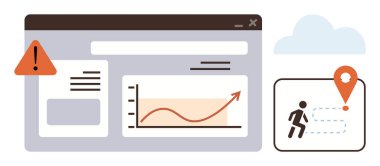 Yukarı doğru eğilimli bir büyüme tablosu, uyarı uyarısı, kişi simgesi ve hedef broşlu bir rota takip cihazı ve bulut grafiği. Veri analizi, ilerleme izleme ve iş büyümesi için ideal