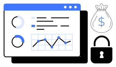 Grafikleri ve grafikleri olan gösterge paneli, koruma sembolü, finans için para çantası. Finans, güvenlik, analitik, teknoloji, ekonomi sektörü ve yatırım kavramları için idealdir. Basit düz