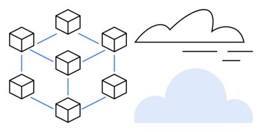 Ağ küpleri soyut bulut grafikleri ile birlikte blockchain veya dağıtılmış sistemleri temsil eder. Teknoloji, engelleme zinciri, bulut depolama, ademi merkeziyetçi sistemler, veri paylaşımı, geleceğin teknolojisi için ideal