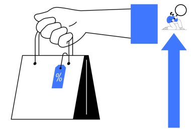 Yüzdelik etiketli el çantası, yukarı doğru mavi ok, büyük daireler çizen küçük figür. Çevrimiçi alışveriş, satış büyümesi, pazarlama, indirimler, perakende eğilimleri, başarı işi için ideal